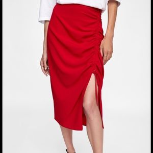 Red Zara Midi Skirt with Front Ruching